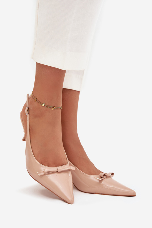 Lakierowane Czółenka Na Szpilce Z Kokardką Nude Olvena