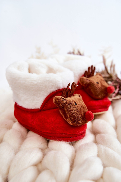 Dziecięce Ocieplane Papcie Brązowy Renifer Czerwone