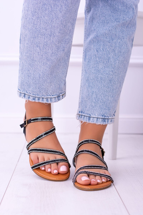 Czarne Damskie Sandały Z Cyrkoniami Ferragosto