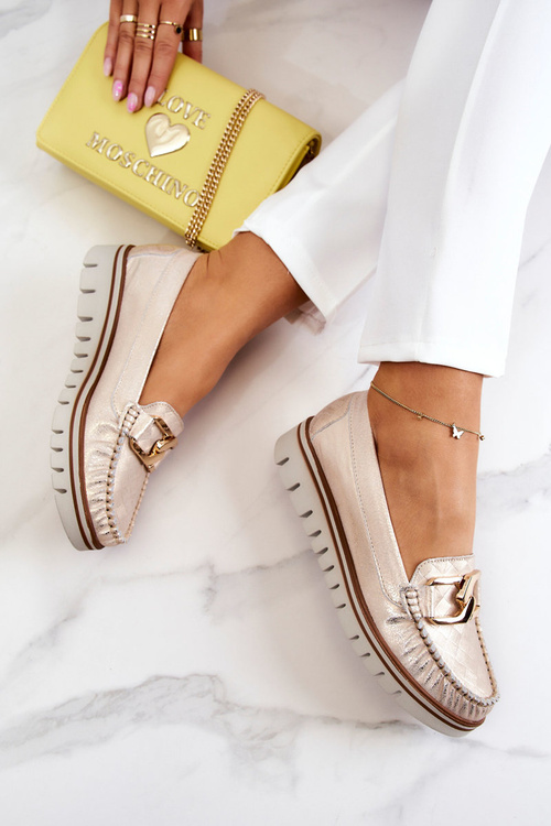 Damskie Skórzane Mokasyny Na Platformie Złote Venesia