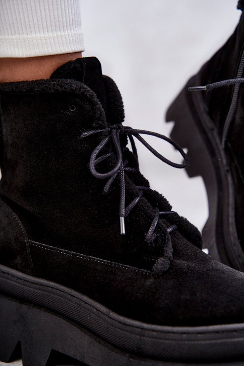 Zamszowe Ocieplane Botki Sznurowane Czarne Lemar Elisabeth