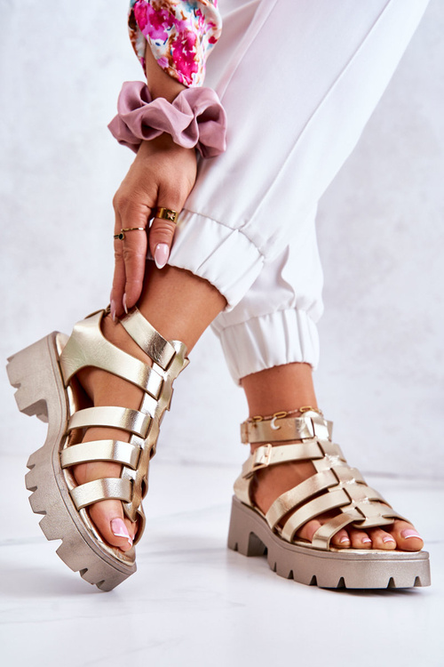 Skórzane Sandały Z Paseczkami Złote Minorite