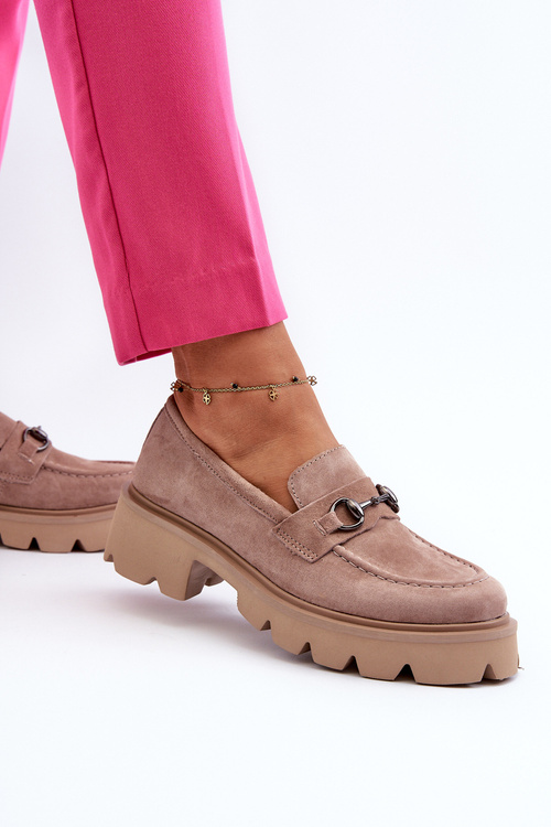 Masywne Mokasyny Damskie Zamszowe Beżowe Neloria