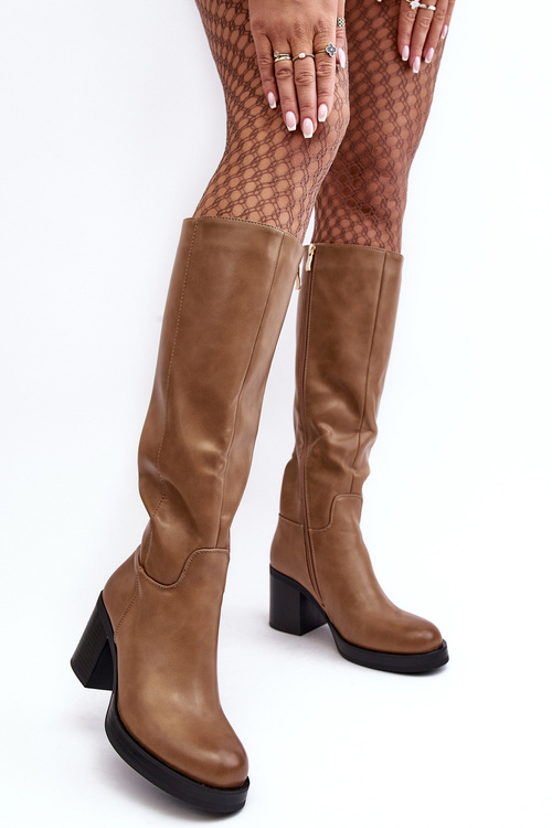 Damskie Kozaki Ocieplane Na Słupku Ciemnobeżowe Theisen