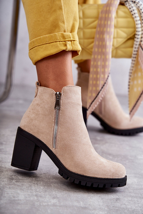 Zamszowe Botki Na Obcasie Z Suwakiem Jasnobeżowe Sevione