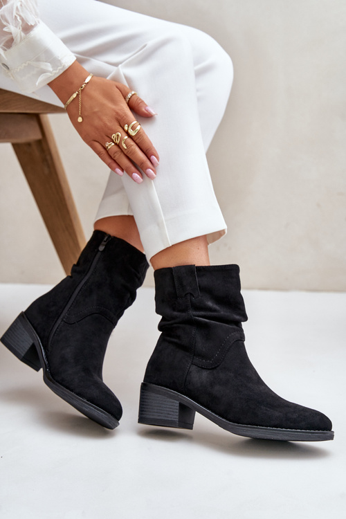 Ocieplane Botki Damskie Z Marszczoną Cholewką Na Niskim Obcasie Czarne Zinanya