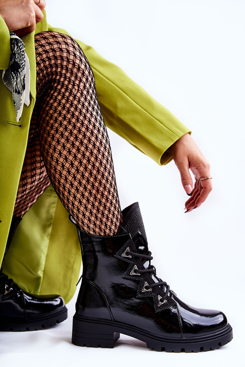 Lakierowane Ocieplane Botki Z Dżetami Czarne Gwen