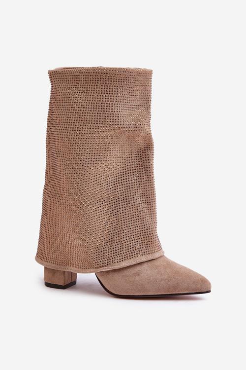 Zdobione Błyszczące Botki Z Wywiniętą Cholewką Na Słupku Ocieplane Beżowe Xistaria