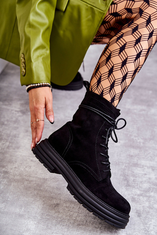 Damskie Zamszowe Botki Wiązane Czarne Afra