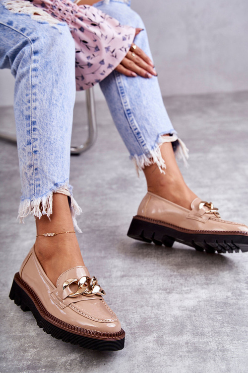 Lakierowane Półbuty Loafery Na Platformie Beżowe Reidun