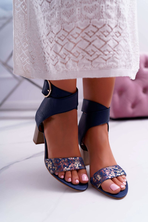 Skórzane Damskie Sandały Maciejka Na Słupku Granatowe 03597