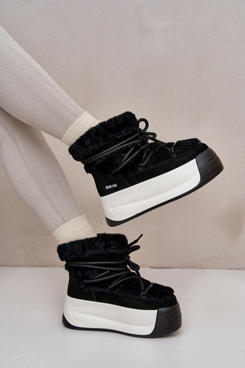Skórzane Śniegowce Damskie Na Grubej Podeszwie Z Futerkiem Big Star OO274A206 Czarne