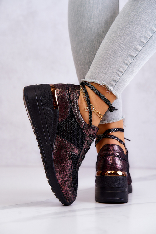 Skórzane Sneakersy Na Koturnie Z Siateczką S.Barski Czarne