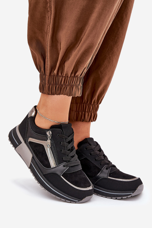 Buty Sportowe Damskie Z Suwakiem Na Platformie Czarne Larys