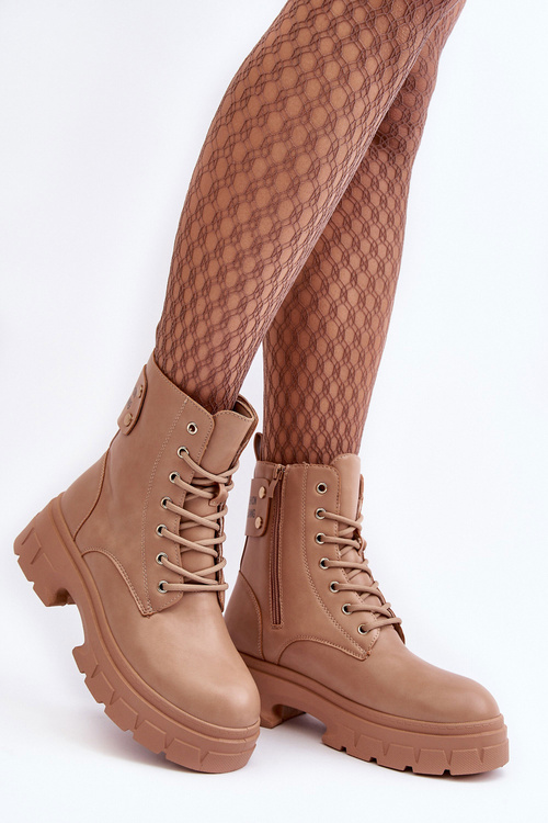 Damskie Workery Botki Sznurowane Na Płaskim Obcasie Beżowe Brenhile