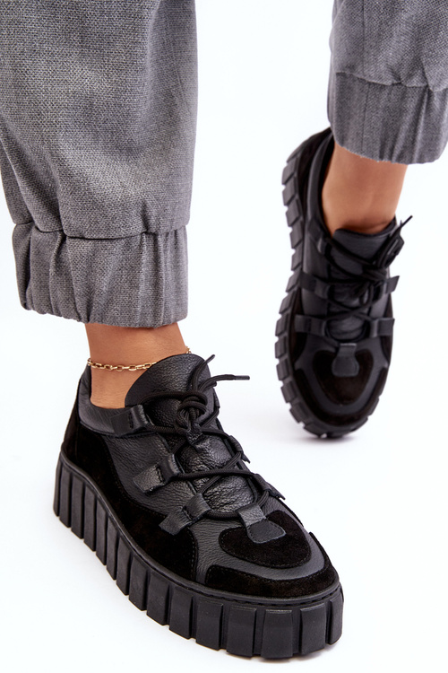 Damskie Skórzane Buty Sportowe Na Platformie M01/1 Zazoo Czarne