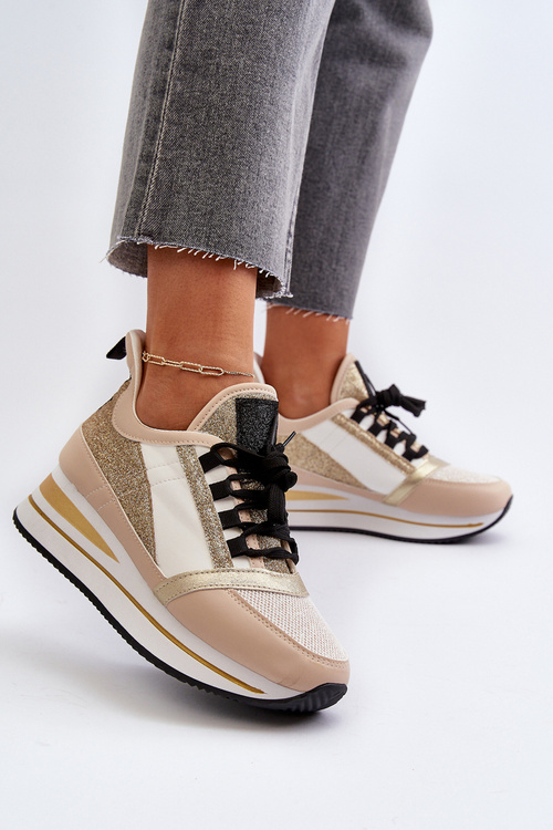 Damskie Sneakersy Na Koturnie I Platformie Z Brokatem Złote Rafani