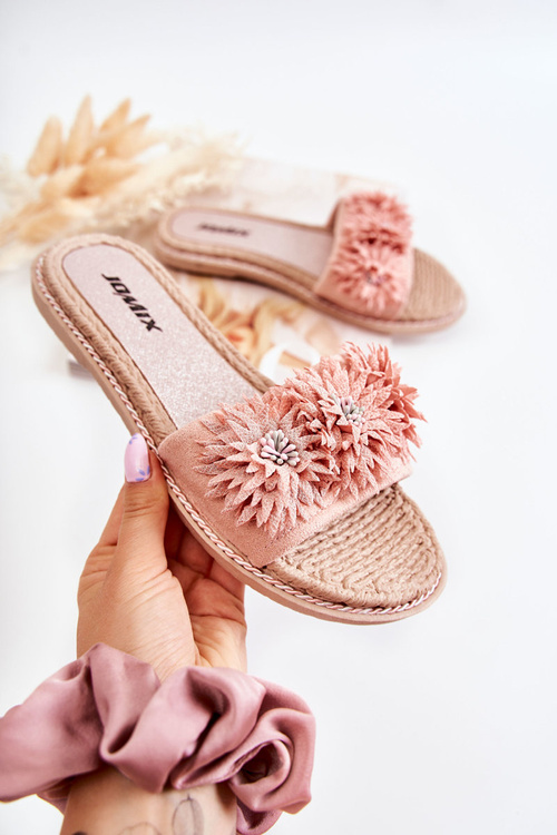 Damskie Klapki Z Materiałowymi Kwiatami Różowe Susana