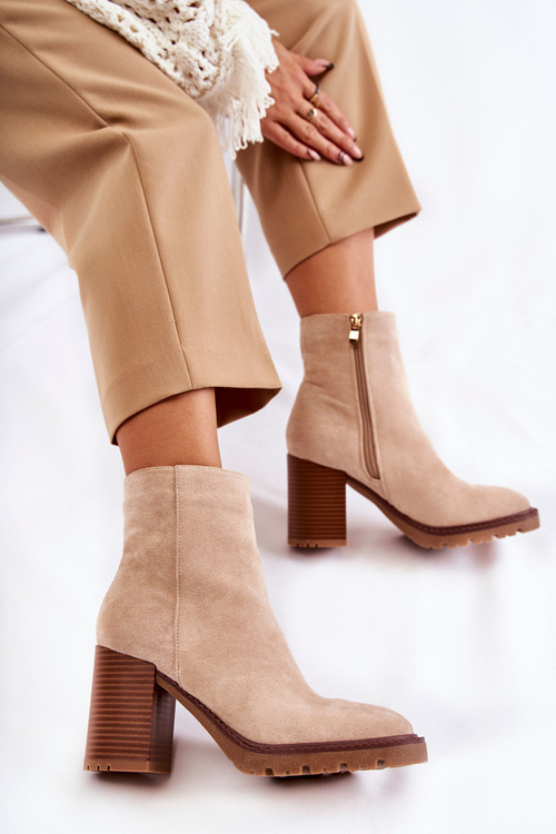 Damskie Zamszowe Botki Na Słupku Z Suwakiem Beżowe Odette