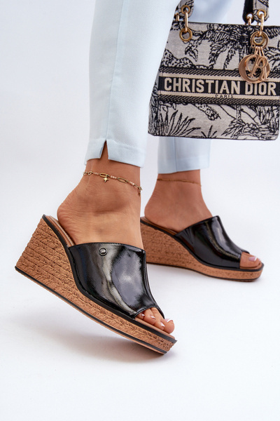 Klapki Damskie Lakierowane Na Koturnie Sergio Leone KL213 Czarne