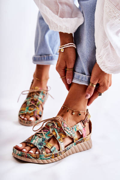 Damskie Skórzane Sandały Na Rzep 05375-09 Zielone