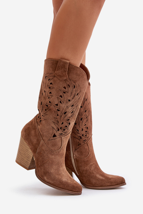 Ażurowe Kozaki Do Połowy Łydki Na Słupku Zamszowe Lewski 3609 Brązowe