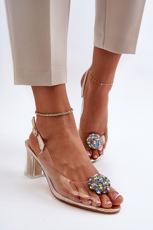 Transparentne Sandały Na Słupku z Ozdobą Złote D&A MR38-454