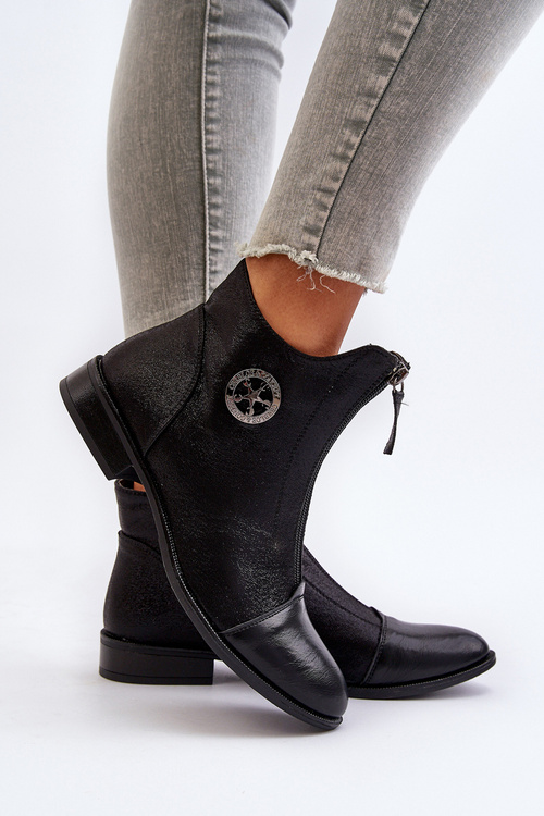 Damskie Botki Na Płaskim Obcasie Z Zamkiem Czarne Loratie