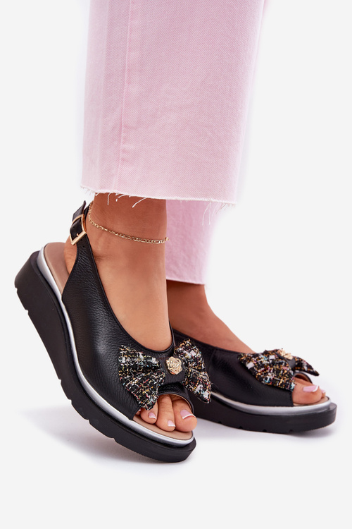 Skórzane Sandały Damskie Na Koturnie Z Kokardą Zazoo 1882 Czarne