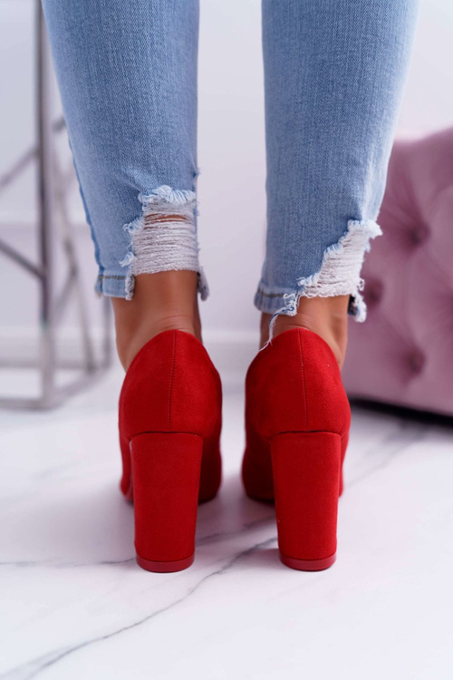 Czółenka Damskie Na Słupku Zamszowe Czerwone Raspberry