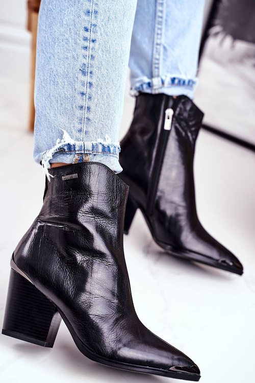 Botki Damskie Na Słupku Skórzane Big Star Czarne GG274919