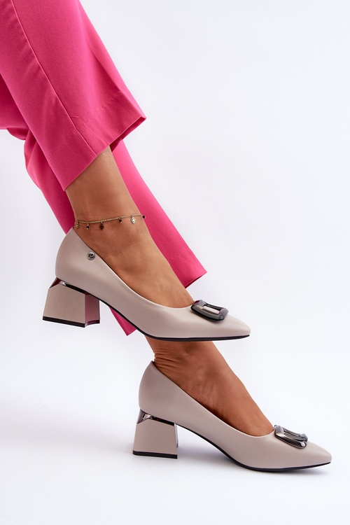 Czółenka Na Obcasie Klocku Z Ozdobą Eko Skórzane Szare Sarala