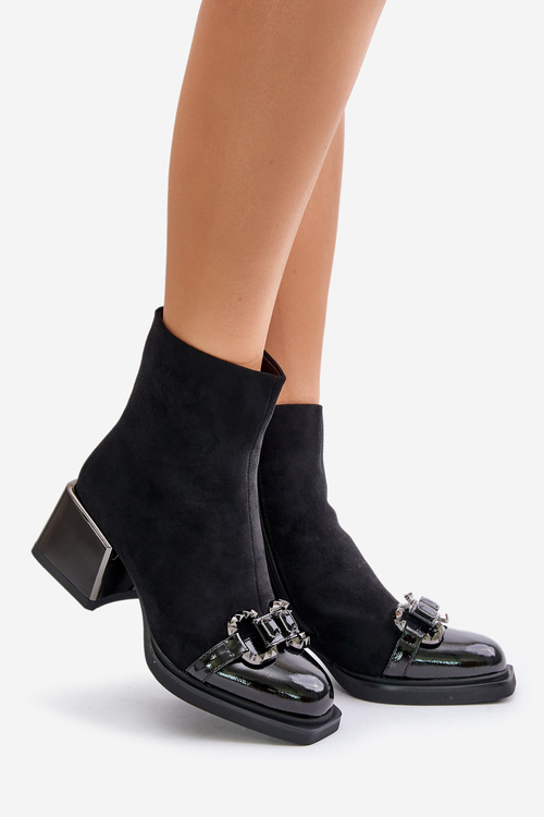 Eleganckie Botki Damskie Na Obcasie Z Ozdobą Czarne MR880-127