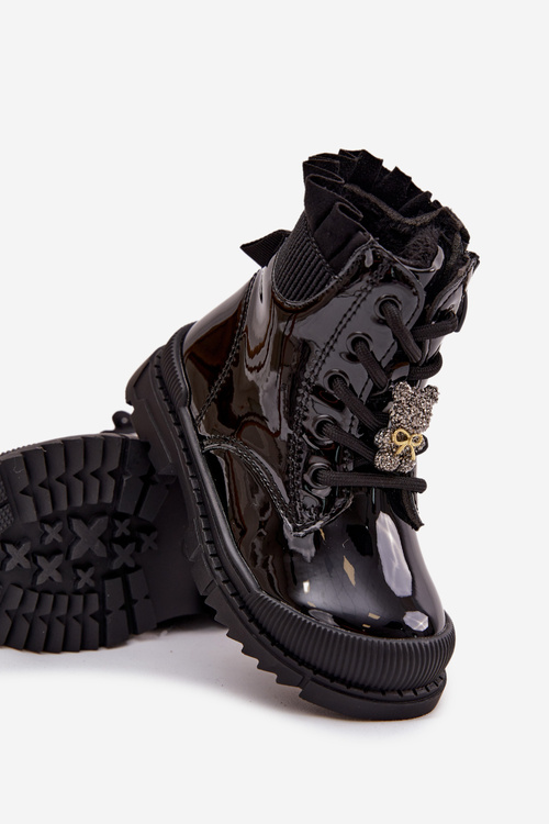 Lakierowane Botki Dziecięce Ocieplane Z Przypinką Miś Czarne Fionessa