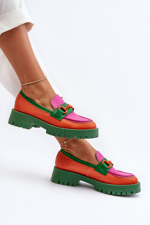 Mokasyny Skórzane Damskie Z Ozdobą CheBello 4444 Pomarańczowe