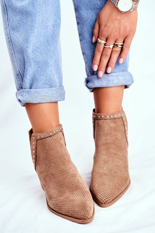 Botki Damskie Na Słupku Zamszowe Ażurowe Beżowe Margate