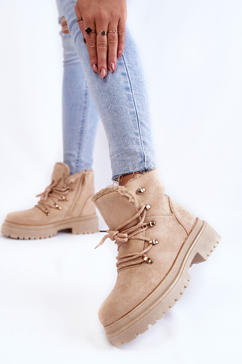 Damskie Zamszowe Botki Trapery Beżowe Bellita