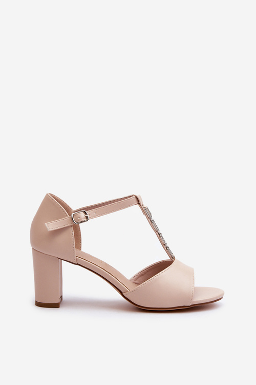 Sandały Damskie Na Słupku Z Ozdobnym Paskiem Eko Skóra Beżowe Triavera