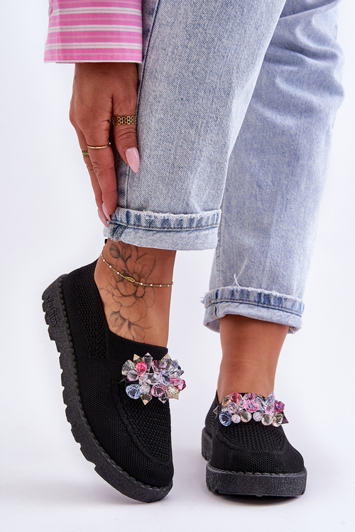 Damskie Wsuwane Tenisówki Z Kamieniami Czarne Simple