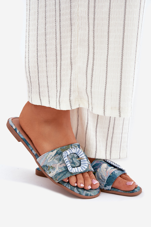 Płaskie Klapki Damskie Z Ozdobną Klamrą Niebieskie Clariola