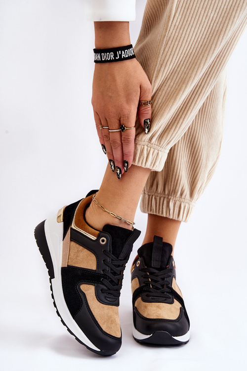Klasyczne Sneakersy Na Koturnie Beżowo-Czarne Collide