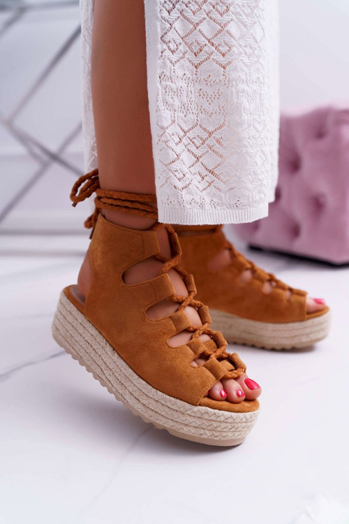 Sandały Damskie Na Platformie Z Espadrylem Sznurowane Camel Grand
