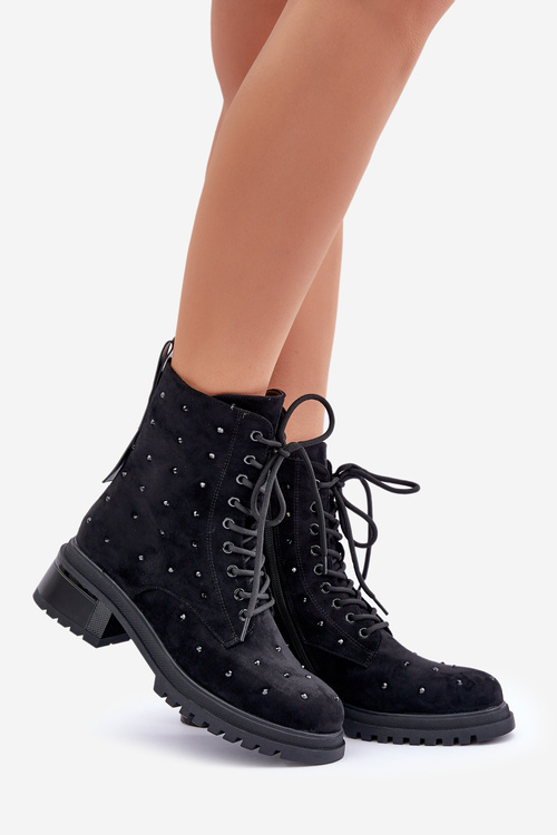 Zdobione Botki Workery Damskie Ocieplane D&A MR880-017 Czarne