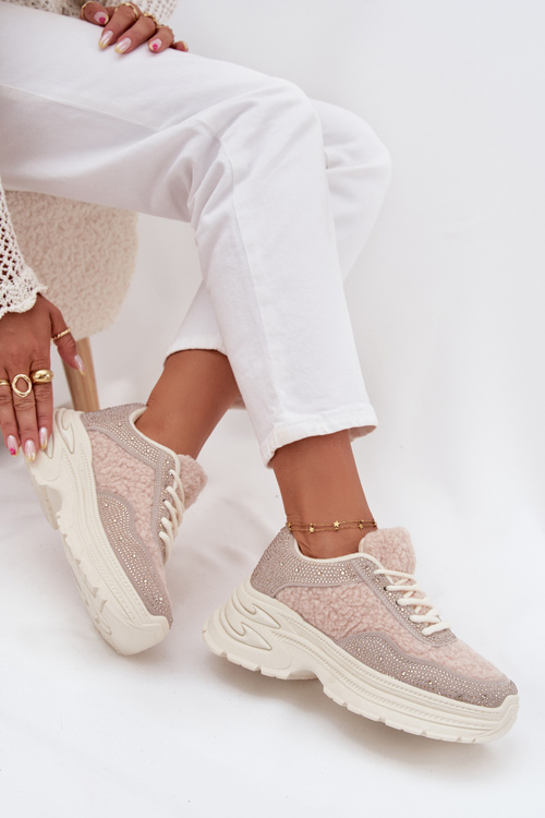Sneakersy Damskie Z Cyrkoniami I Futerkiem Typu Baranek Jasnobeżowe Zarika