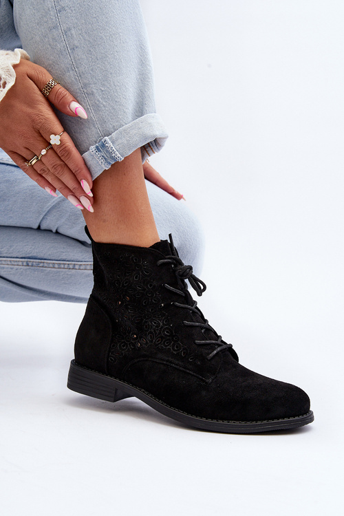 S.Barski HY66-136 Damskie Botki Ze Wzorem Czarne