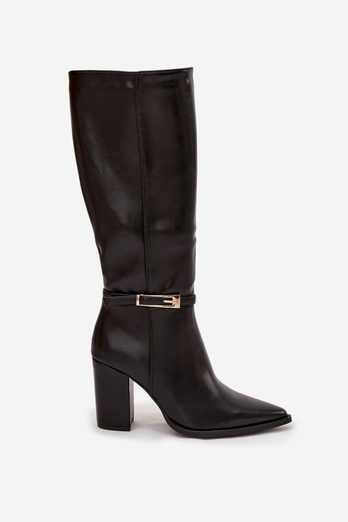 Kozaki Damskie Na Słupku Z Klamrą Ocieplane Czarne Cirella