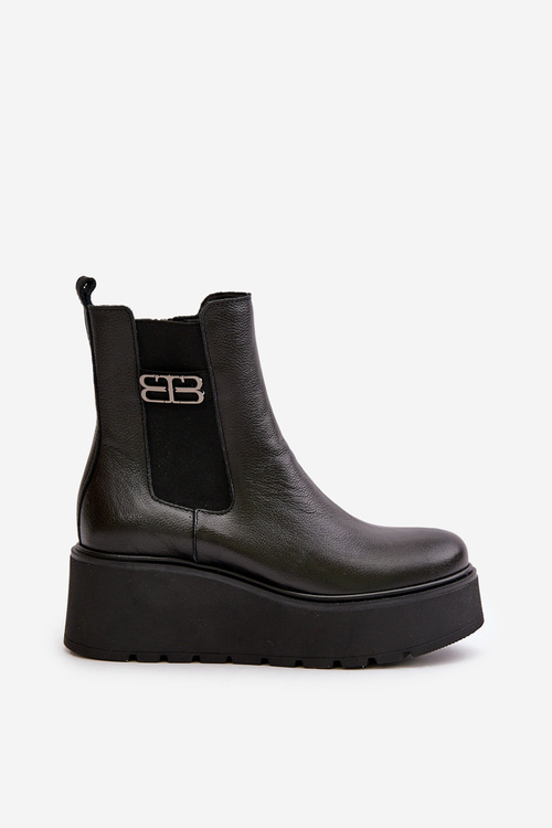 Zazoo 60498 Damskie Skórzane Botki Sztyblety Na Platformie I Koturnie Czarne