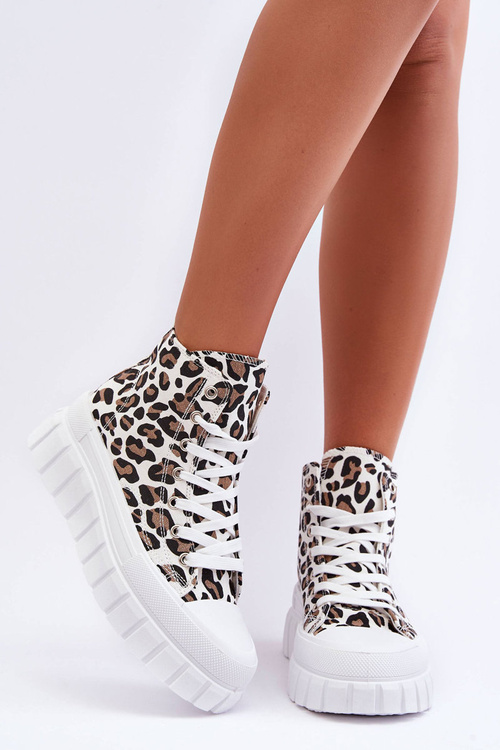 Damskie Wysokie Trampki Wzór Leopard Białe Florensi