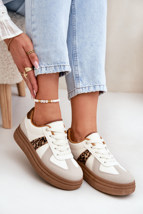 Damskie Sneakersy Na Platformie Panterka Beżowe Lincidi