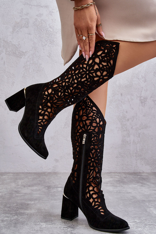 Zamszowe Ażurowe Kozaki Lewski Shoes 3234 Czarne